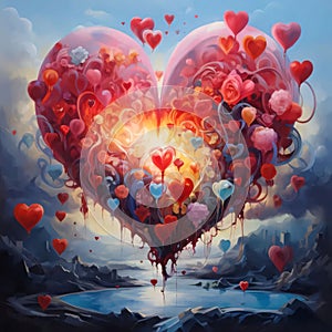 Abstract illustration of a heart made of roses and red balloons. Heart as a symbol of affection and
