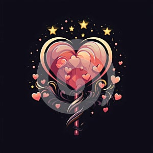 Abstract illustration, heart-shaped lollipop, around a star, Black background.Valentine's Day banner with space for you