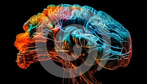 Abstract illustration of human brain with flowing multi colored synapses generated by AI