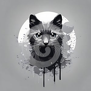 Abstract illustration with the image of a cat. Monochrome portrait of a cat with watercolors