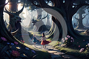 Abstract illustration of kids in fairy tale fantasy world