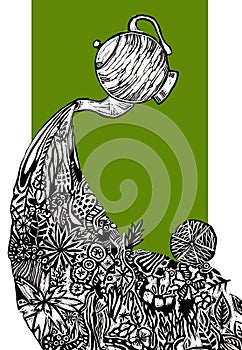 Abstract illustration. Linocut. Black and white on a green background. Herbal tea is poured from a teapot.