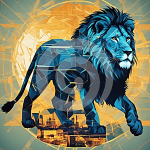 Abstract illustration of a lion on a city background. Low poly style. Geometric mosaic