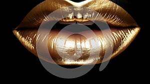 Abstract illustration with luxury golden lips ready kiss on gold background. Glossy Sexy lipf with Glow, sparkle and