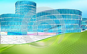 Abstract illustration of a modern building with its square and garden seen by day photo
