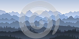 Abstract illustration of mountains silhouette view. Vector graphic landscape with mountains and trees. Morning panoramic with fog