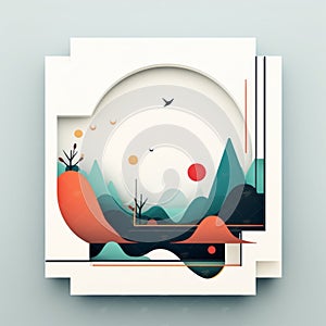 an abstract illustration of mountains trees and birds