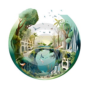 Abstract illustration of nature inside water drop shape, ecology concept, flat illustration, generative ai