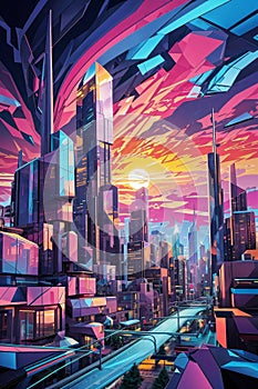 abstract illustration of a neon-bright, cubist cityscape