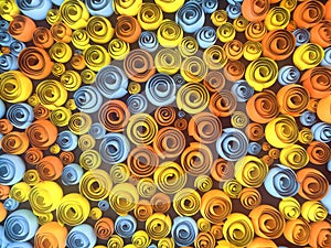 Abstract Illustration of paper-crafted, quilling flowers with different shades of spring colors. 3d rendering