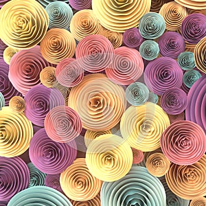 Abstract Illustration of paper-crafted, quilling flowers with different shades of spring colors. 3d rendering