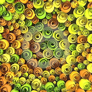 Abstract Illustration of paper-crafted, quilling flowers with different shades of spring colors. 3d rendering