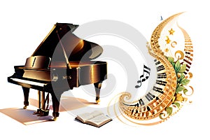 Abstract illustration of piano, musical notes and clef