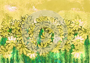 Yellow field of dasiy flowers illustration, handpainted floral image