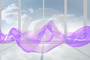 Abstract illustration of purple digital waves over modern office window against clouds in blue sky