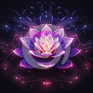 Abstract illustration of purple and pink water lily on a dark background with ornaments, lights. Flowering flowers, a symbol of