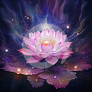 Abstract illustration of purple and pink water lily on a dark background with ornaments, lights. Flowering flowers, a symbol of