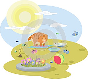 Abstract illustration of red cat with toys on the meadow in Sunny day