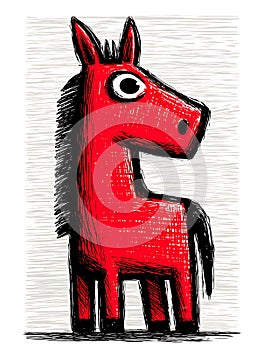 Abstract illustration of a red horse with a simplistic and cartoon-like design. The photo
