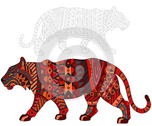 Abstract Illustration with red tiger, cat and painted its outline on white background , isolate