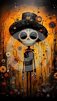 Halloween background with skull in hat and flowers. Abstract. Halloween concept. Generative AI.