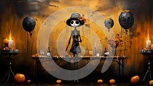 Halloween background with skull, pumpkin, candles and candlestick. Abstract. Halloween concept. Generative AI.