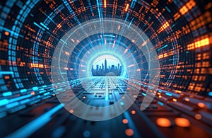 Abstract illustration showcases binary code pattern in blue and orange. Digital information systems and complex tech, data flow