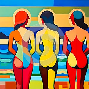 Abstract illustration in the style of an oil painting on canvas depicting three young women sitting on the beach