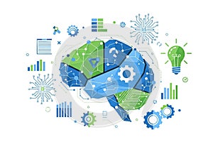 Symbols, bar graphs, and a light bulb, emphasizing technology and