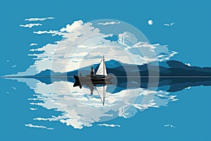 Abstract illustration of a sunset on the water of slowness and solitude with space for design and text, in light blue