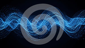 Abstract illustration of swirling blue particles, digital wave on a dark background, data visualization concept