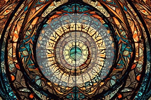 abstract illustration of symmetrical stained glass window, with intricate patterns and colors