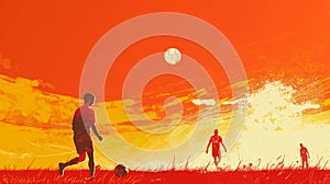 Abstract illustration of three soccer players on a field at sunset with vivid orange and yellow hues