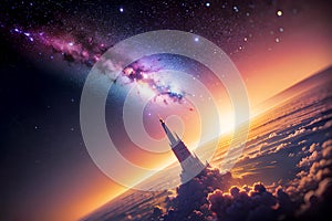 Abstract illustration of tower above the clouds on the planet and galaxy, planets, star