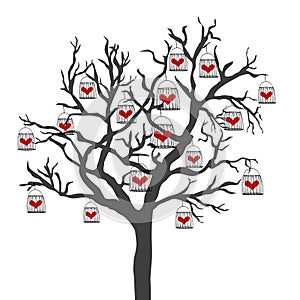 Abstract illustration of a tree with bird cages that have hearts closed in them