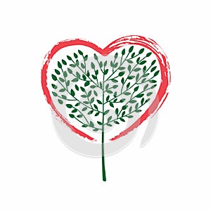 An abstract illustration of a tree growing in the shape of a heart concept design. Brush strokes in the shape of a heart