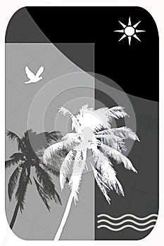 Abstract Illustration for Tropical Travel, Palm Trees, Seagulls, Sun and Sea