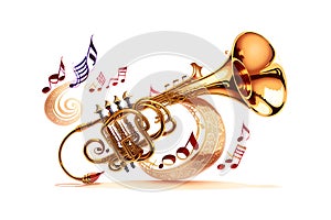 Abstract illustration of trumpet, musical notes and clef