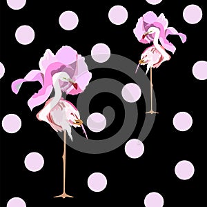 Abstract illustration of two pink flamingo in fashionable pink flower hats