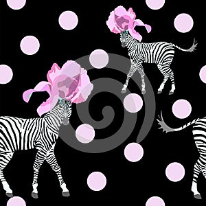 Abstract illustration of two striped (white and black) Zebra in fashionable pink flower hats