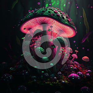 Abstract illustration of unusual mushrooms, fairytale forest photo