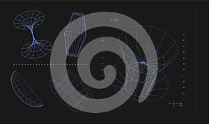 Abstract illustration of various geometric shapes on black background with mathematical notations. Modern aesthetics