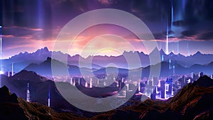 landscape of a mountain range with a digital overlay that adds futuristic cityscapes photo