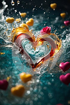 abstract illustration of water splashes converging into a heart-shaped symphony.