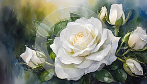 Abstract illustration of white roses in nature. Beautiful flowers. Smooth wet oil painting
