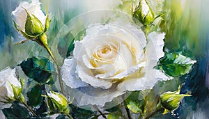 Abstract illustration of white roses in nature. Beautiful flowers. Smooth wet oil painting