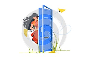 Abstract illustration of woman opening door for unsubscribe.