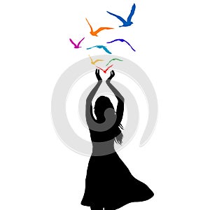 Abstract illustration of a woman silhouette with birds flying