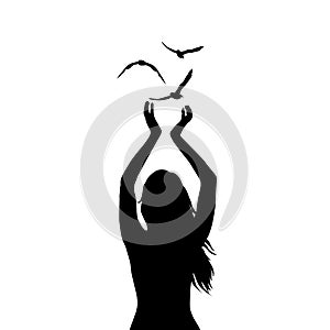 Abstract illustration of a woman silhouette with birds flying fr