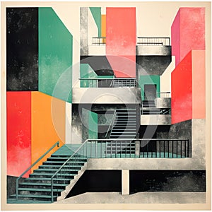 Abstract illustrations of brutalist style buildings capture the essence of modernist architecture.